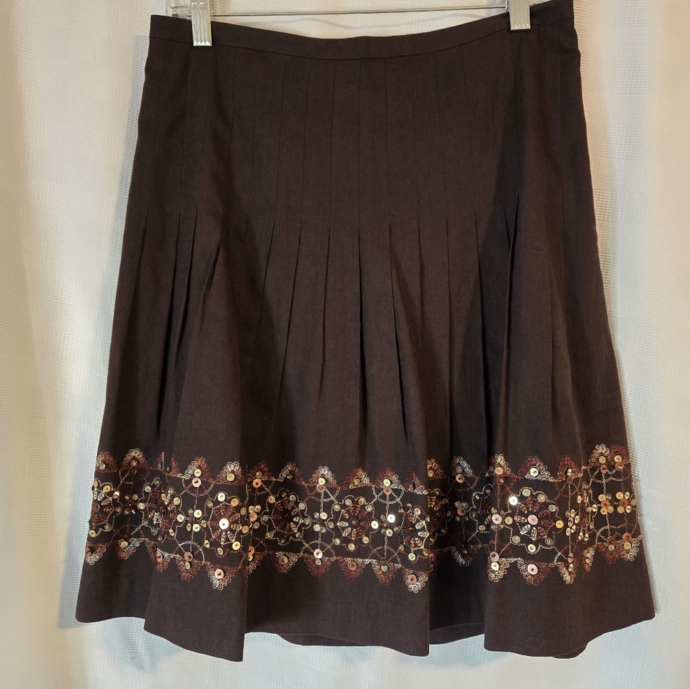 LOFT Chocolate Brown Skirt with Floral Embroidery.